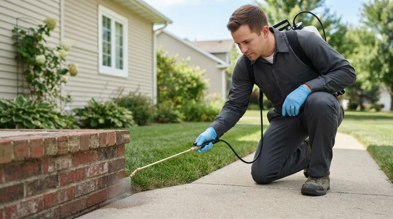 Pest control technician treating a home near Fort Cobb, OK