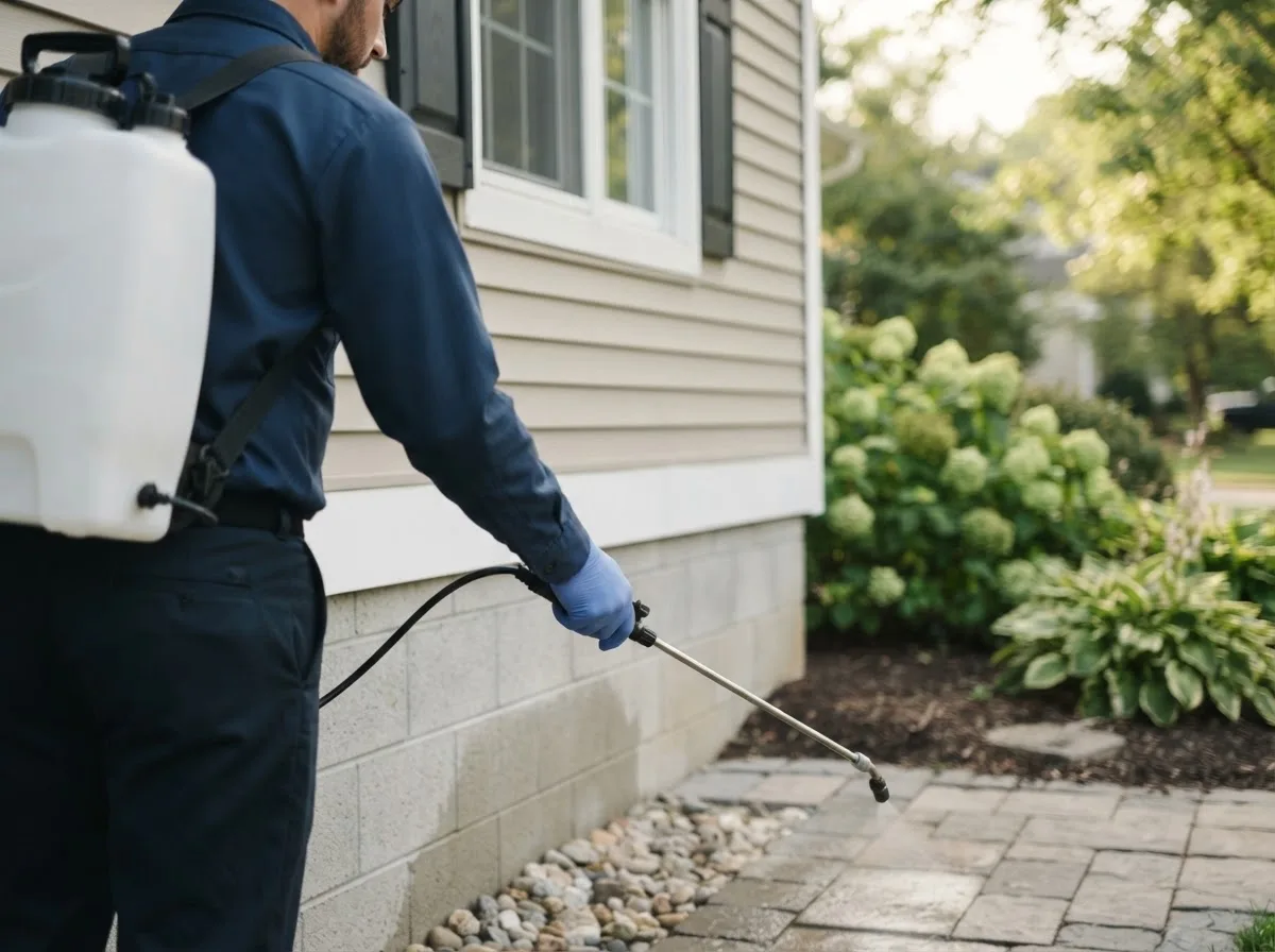 Pest control technician inspecting a home in Fort Cobb, OK